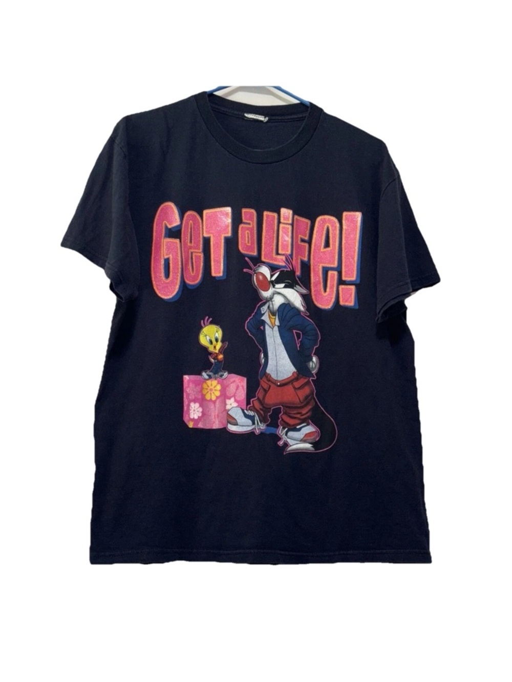 Vintage Looney Tunes "Get a Life!" Graphic Tee - Black with Pink Accents